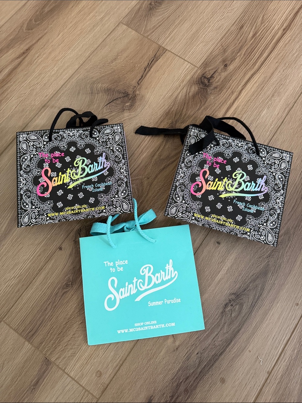 MC2 Saint Barth Black Paisley & Turquoise Logo Empty Gift Bags 3 pc